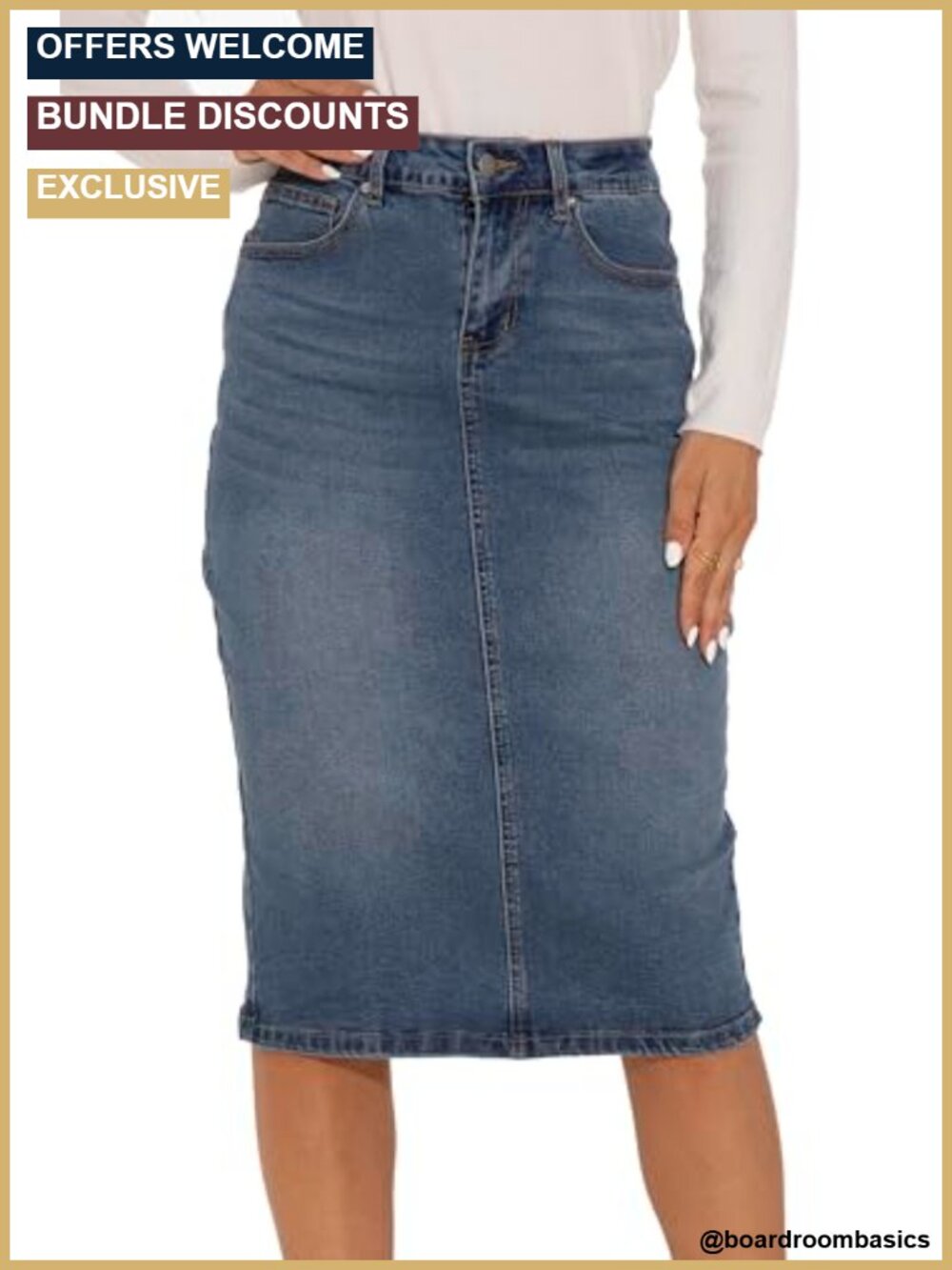 High Rise Stretch Denim Pencil Skirt Knee Length